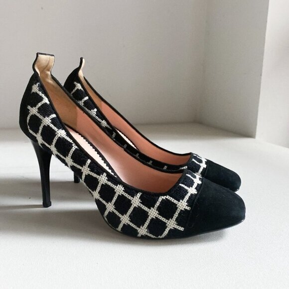 6267 Shoes Plaid  Cap Toe Tweed Black White High Heels 38.5 - Picture 7 of 8